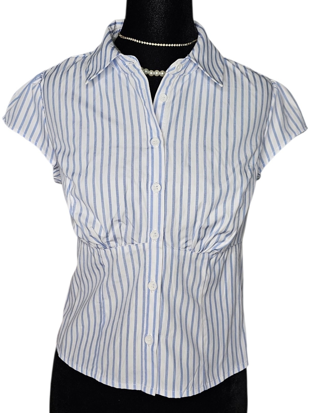 NWT No Boundaries Blue Striped Cap Sleeve Corset Button Down Top - Size Small